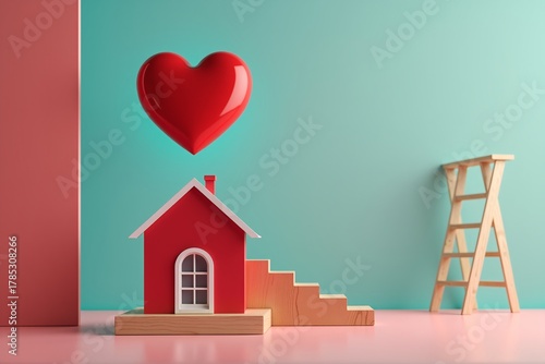 Red heart above tiny house, wooden ladders and boxes flank sides. Minimalist scene symbolizing home, love, and aspiration in cozy space.