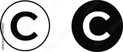 Copyright protection symbols vector illustration, bold C in circle, black and white mark, intellectual property icon set for legal usage online