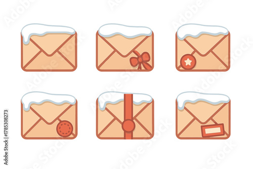 Winter envelope flat icon set. featuring snow-covered, decorated, gift, and festive seal icons