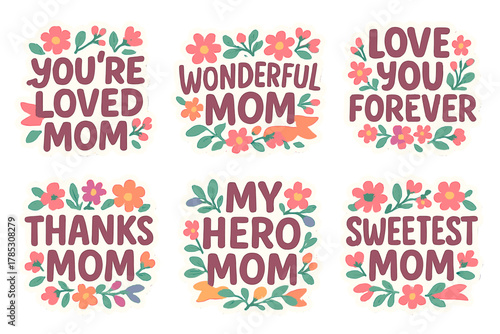Mother's day floral silhouette icon set. featuring loved mom, wonderful mom, hero mom, and sweetest mom phrases