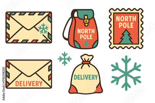 Christmas delivery flat icon set. featuring mail, backpack, stamp, gift bag, snowflake symbols