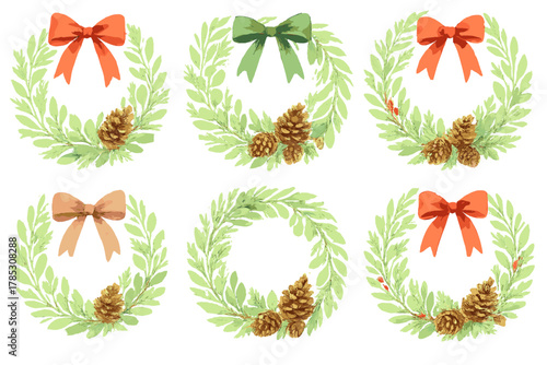 Christmas wreath flat icon set. featuring wreaths with bows, pinecones, and holly accents