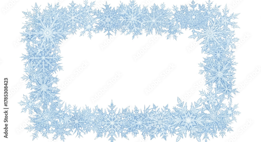 Fototapeta premium Intricate ice crystal snowflakes forming a decorative rectangular frame on a transparent background PNG image, perfect for winter holiday designs