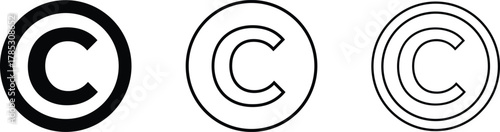 Copyright symbol variations, bold solid mark, thin outline icon, concentric circle design, intellectual property emblem, legal protection badge, vector set for branding