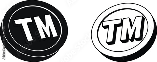 Embossed 3D TM trademark badge, black and white vector icons, circular trademark symbol set, bold logo mark, intellectual property branding visuals