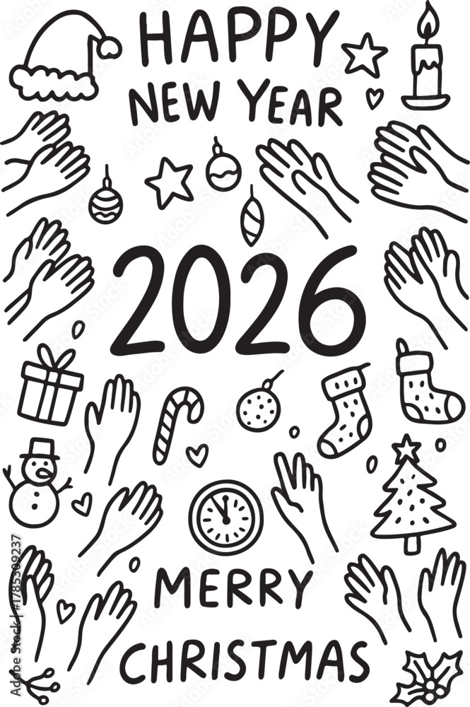 Obraz premium Happy new Year 2026 and Merry Christmas Hand Drawn Doodle style Elements silhouette vector illustrations