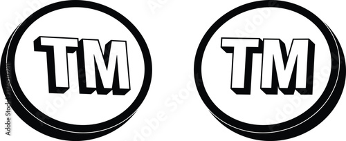 Embossed 3D TM trademark logos, bold block letters in circular badges, black border icons, raised shadow effect, branding and intellectual property symbol