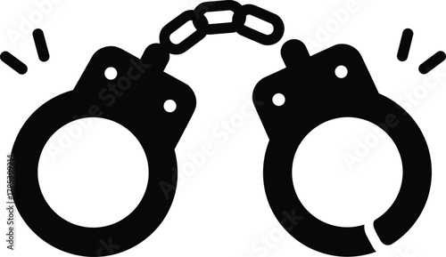 Handcuffs silhouette, police restraints icon, open cuff with chain, law enforcement symbol, arrest concept, detention and security illustration, vector black stylized motion lines