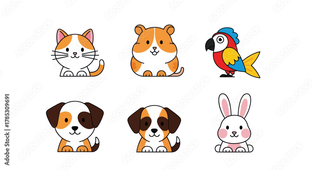 Obraz premium Cartoon animals collection cat hamster parrot puppy rabbit isolated designs