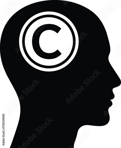Human mind copyright concept, silhouette head profile with copyright symbol, intellectual property idea, creative thought protection, mental ownership, idea rights visualization