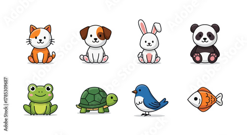 Cartoon animals collection cat dog rabbit panda frog turtle bird fish
