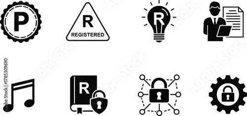 Intellectual property icons set, copyright and trademark symbols, patent and registered marks, digital security, music and publication protection, legal documentation