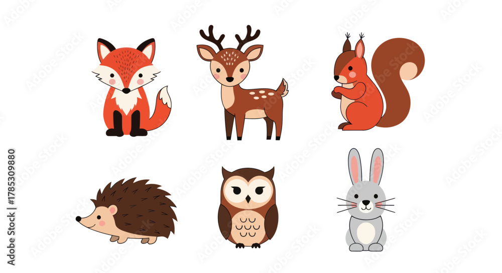 Naklejka premium Cartoon animals set illustration fox deer squirrel hedgehog owl rabbit