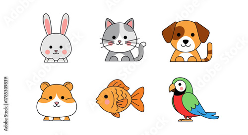 Cartoon animals illustration set rabbit cat dog hamster fish parrot on white