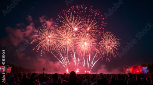 Crowd celebrates with vibrant fireworks display at outdoor festival under dark night sky, creating joyous atmosphere perfect for summer events and celebrations