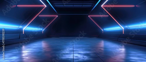 Modern empty room with neon lighting, dark minimalist stage or studio interior design. Concept of futuristic hall, garage