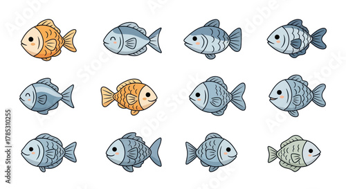 Cartoon fish collection various colors swimming underwater graphic design