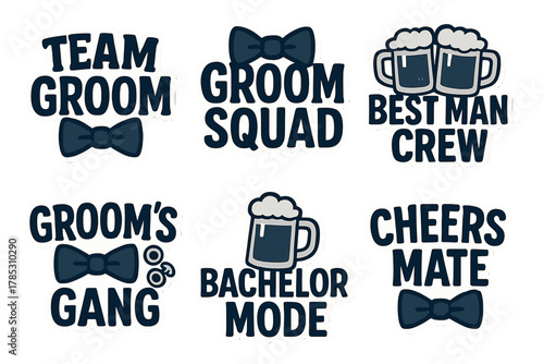 Bachelor party flat icon set. featuring bow tie, beer mug, groom, best man, cheers, and squad symbols