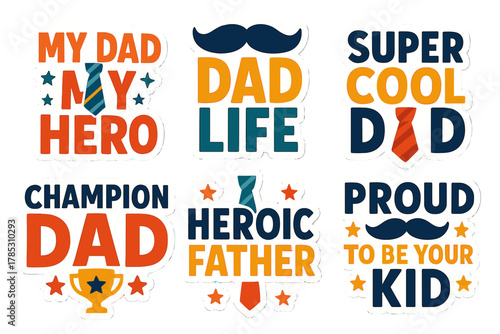 Father's day flat icon set. featuring ties, champion, dad life, hero, proud kid, super cool dad symbols