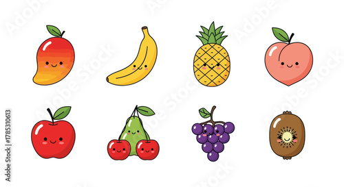 Cartoon fruits collection with happy faces isolated on white background