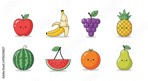 Cartoon fruits collection with happy faces on white background