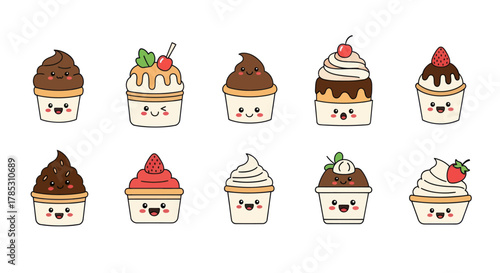 Cartoon ice cream cones collection with smiling faces and toppings
