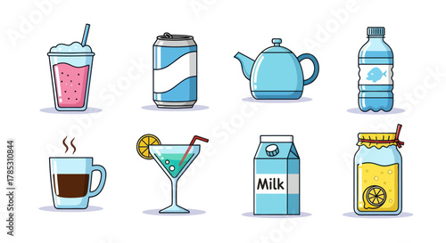 Assorted beverages collection colorful illustrations on white background