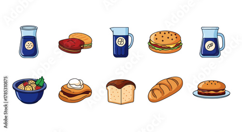 Assorted food and drink icons in cartoon style for various uses