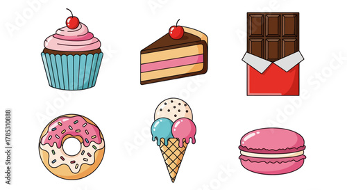 Assorted sweets and desserts cupcake cake slice chocolate donut ice cream macaroon