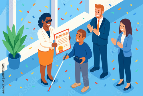 Employee with Visual Impairment Receiving Promotion in Diverse Company
