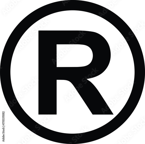 Registered trademark symbol vector, circular R icon, brand registration mark, intellectual property graphic, legal trademark emblem, flat minimal illustration, monochrome scalable editable