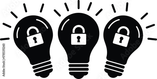 Secure idea concept, locked innovation icons, protected intellectual property light bulbs, cybersecurity creativity symbol, confidential invention, data protection, restricted access