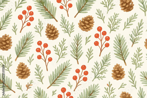 Nature silhouette icon set. featuring pinecone, holly berry, evergreen branch, cedar leaf, and fir sprig icons