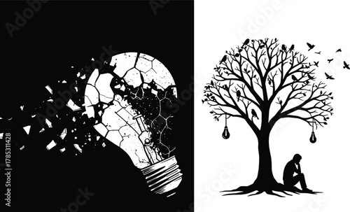 Shattered Lightbulb and Silent Tree, Broken Idea Fragmentation, Lost Creativity, Solitude Beneath Bare Branches, Birds of Thought, Mental Struggle and Hope