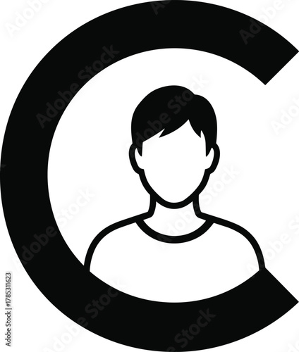 Stylized profile inside bold letter C, user identity icon, protected personal avatar, copyright concept, minimal vector portrait, modern privacy symbol, brandable UI emblem