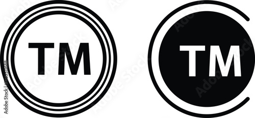 Trademark symbol vector set, TM badge icons, circular TM marks, black and white trademark logos, concentric ring emblem, partial arc seal, branding legal mark