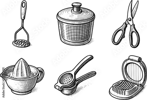 Vintage hand drawn kitchen utensils collection detailed engraving illustration set
