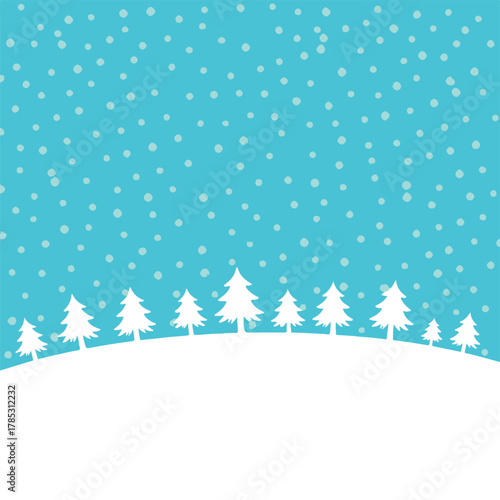 winter landscape with pine trees on snow hill and flakes