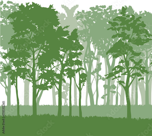 forest multi layer tree silhouettes depth gradient foliage canopy misty grassland art