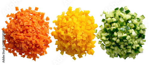 Panel kuchenny z motywem Three piles of finely chopped vegetables including carrots yellow bell pepper and cucumber isolated on transparent background