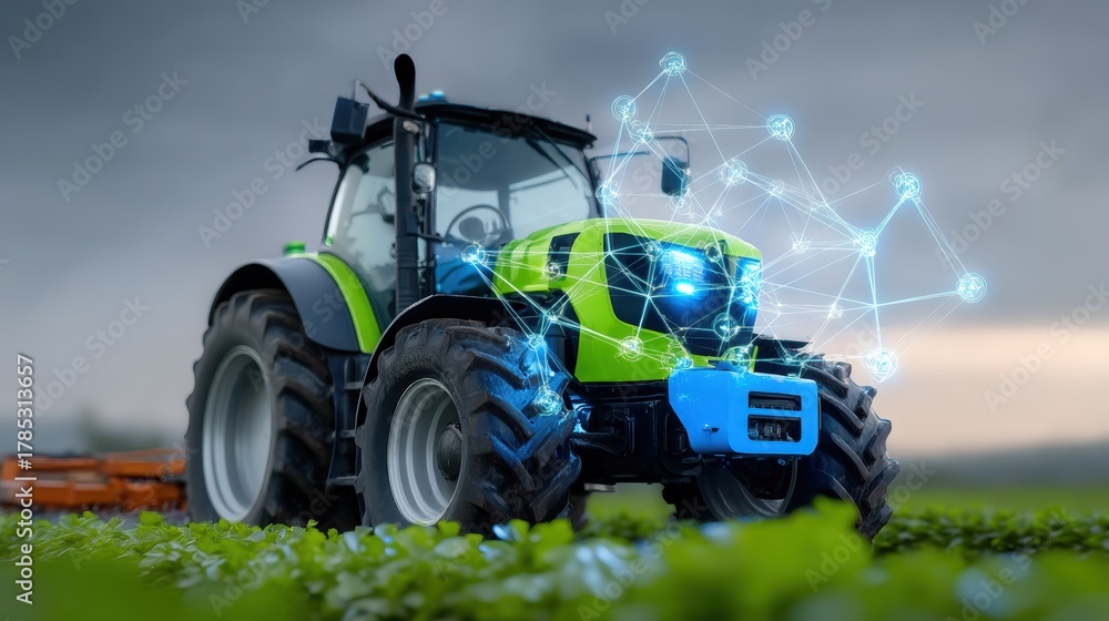 Obraz premium Farming innovation smart tractor technology demonstration agricultural field 3d visualization sustainable practices high-tech environment
