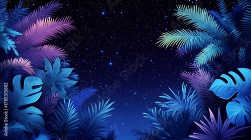 Wallpaper Mural Tropical Nightscape, Dreamy Palm Leaves and Starry Sky Illustration Torontodigital.ca