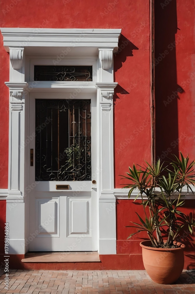 Fototapeta premium Portrait of white door on red wall background, beautiful architecture aesthetic concept