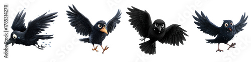 Whimsical Cartoon Crows in Flight: A Collection of Expressive Birds for Animation, Children's Books, and Engaging Vector Graphic Designs and Storytelling Projects