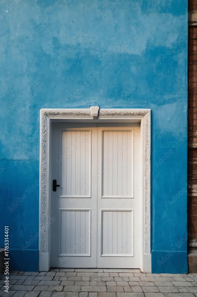 Fototapeta premium Portrait of white door on blue wall background, beautiful architecture aesthetic concept