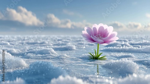 雪原に咲くピンク色の一輪の花のイメージ風景