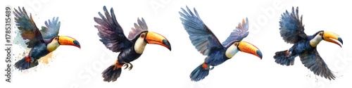 Stunning Toucan Flight Collection Artwork, Scalable and Vibrant, Perfect for Tropical Designs and Nature-Themed Projects, A Touch of Wildlife Charm and Exotic Beauty