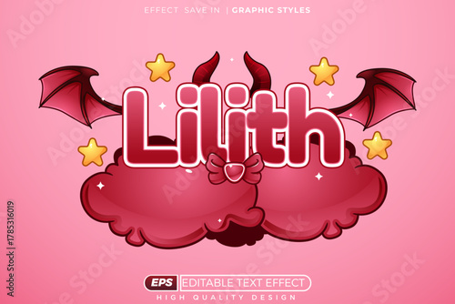 Editable 3d text effect lilith with bat wings for logo steamer template design