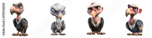 Quartet of captivating cartoon vultures showing diverse emotions, perfect for animation, children's stories, or humorous designs, originally a scalable vector graphic