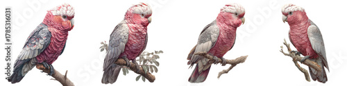 Delightful Galah Cockatoos Perched on Branches: A Charming Australian Wildlife Illustration, Perfect for Nature-Themed Projects and Educational Resources